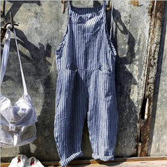 Striped Bib Jumpsuit With Pockets Summer Fashion Loose Wide-leg Pants For Women Clothing - ProTrendyz