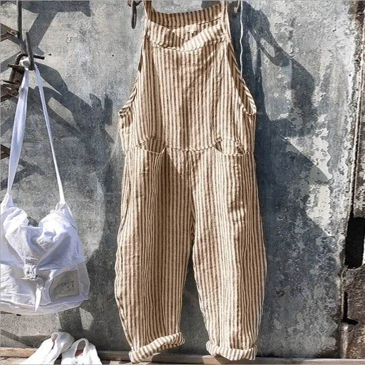 Striped Bib Jumpsuit With Pockets Summer Fashion Loose Wide-leg Pants For Women Clothing - ProTrendyz