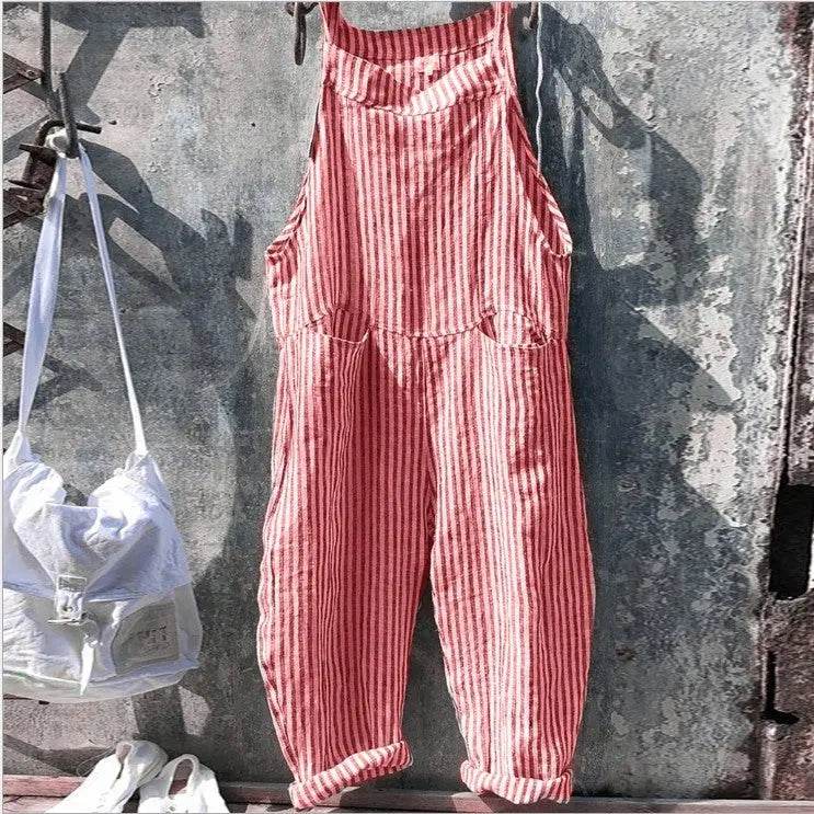 Striped Bib Jumpsuit With Pockets Summer Fashion Loose Wide-leg Pants For Women Clothing - ProTrendyz