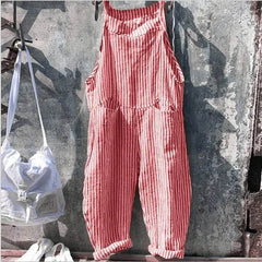 Striped Bib Jumpsuit With Pockets Summer Fashion Loose Wide-leg Pants For Women Clothing - ProTrendyz