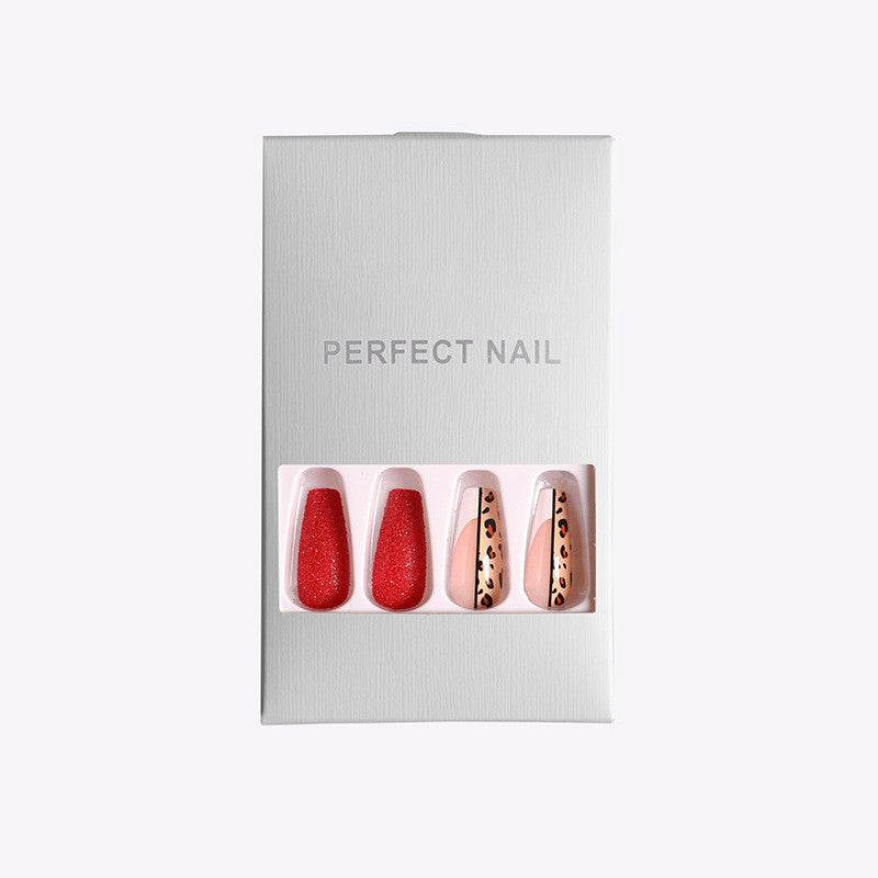 Red Color Leopard Print Ballet False Nails - ProTrendyz