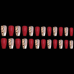 Red Color Leopard Print Ballet False Nails - ProTrendyz