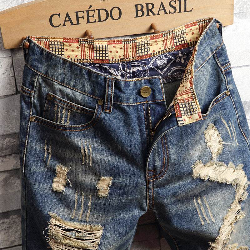Trend big hole jeans short pants men''s summer Capris jeans pants pants beggars pants men''s Korean slim - ProTrendyz