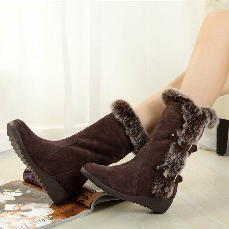 Brown New Winter Women Casual Warm Fur Mid-Calf Boots Shoes Women Slip-On Round Toe Flats Snow Boots Shoes - ProTrendyz