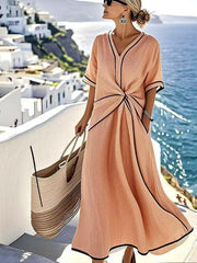 Summer Striped Print Dress Casual Beach Vacation Short-sleeved Maxi Dress Womens Clothing