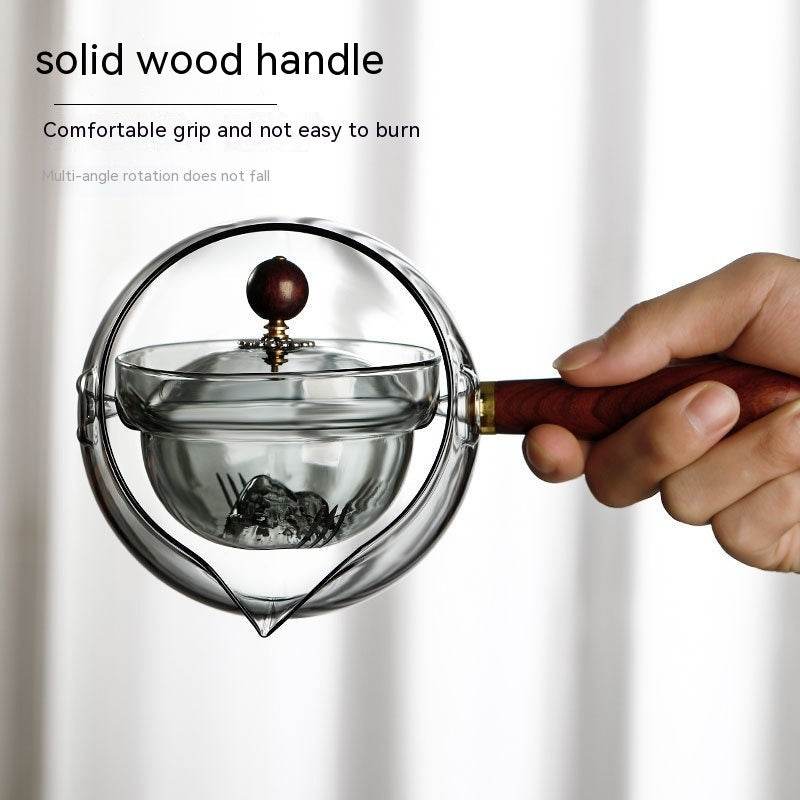 Semi-automatic Rotary Heat-resistant Glass Teapot Lazy Tea Making With Infuser And Wooden Handle Office Home Accessories Kitchen Gadgets - ProTrendyz