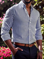 Ins Stripe Printed Long Sleeve Shirt Men Fashion Casual Lapel Button Top Clothing