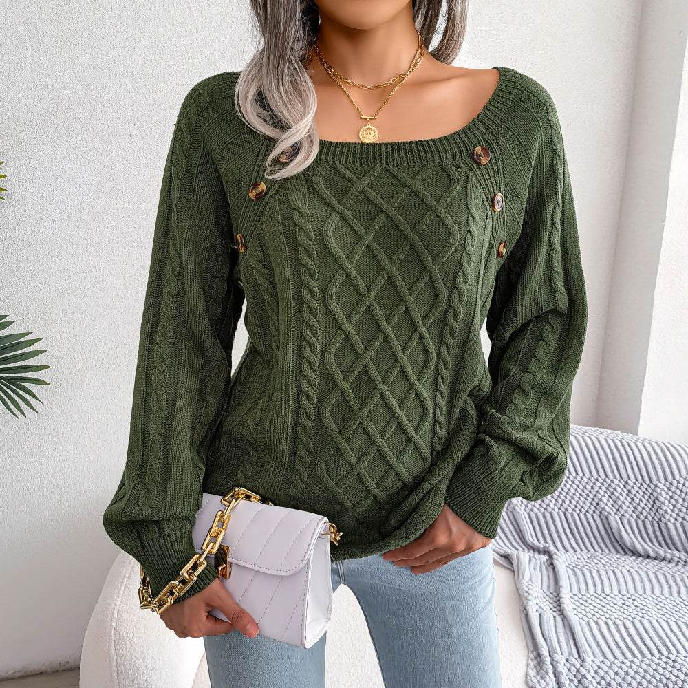 Square Neck Knitted Sweater With Button Design Winter Warm Long Sleeve Tops Women's Clothing - ProTrendyz