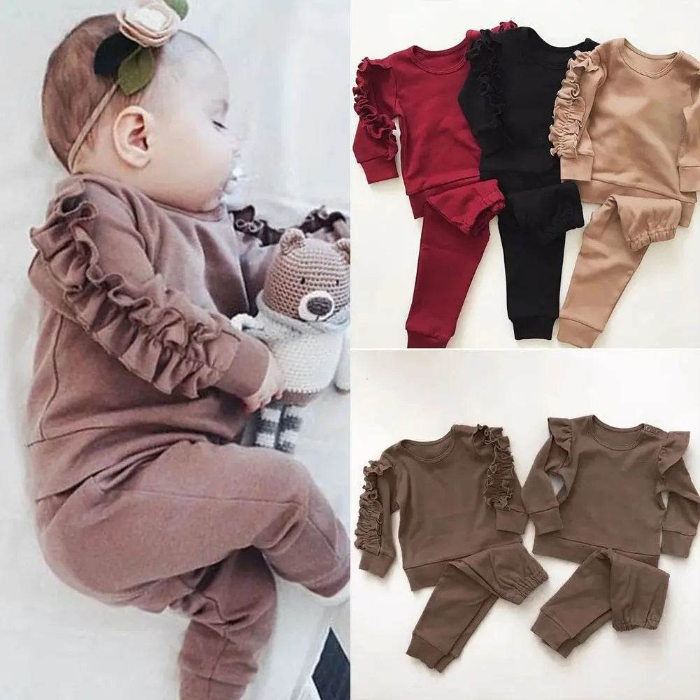 Newborn Baby Boys Girls Ruffles Jumper Solid Long Sleeve Sweatshirt Tops Pants Infant Kids 2Pcs Outfits Clothes Set Fall Clothes US - ProTrendyz