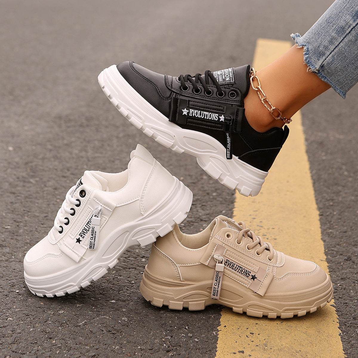 Lace-up Sports Shoes With Side-Zipper Design Fashion Thick-soled Round-toe Casual Shoes For Women Sneakers - ProTrendyz