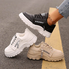 Lace-up Sports Shoes With Side-Zipper Design Fashion Thick-soled Round-toe Casual Shoes For Women Sneakers - ProTrendyz