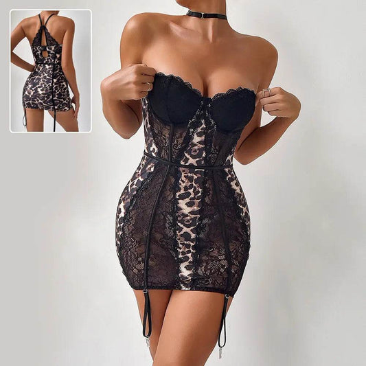 Sexy Leopard Lace Tube Top Dress Ins Fashion Corset A-line Short Dresses For Women Clothing - ProTrendyz