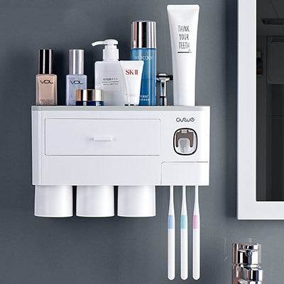 Non-marking Hanging Magnetic Toothbrush Holder Single Drawer Storage Rack With Toothpaste Squeezer Toiletry Set - ProTrendyz