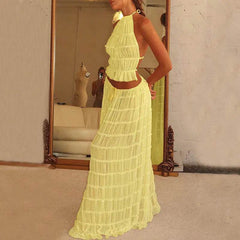2pcs Women's Dress Suit Sexy Sleeveless Backless Cropped Halter Top And Pleated Long Skirt Beach Clothing - ProTrendyz