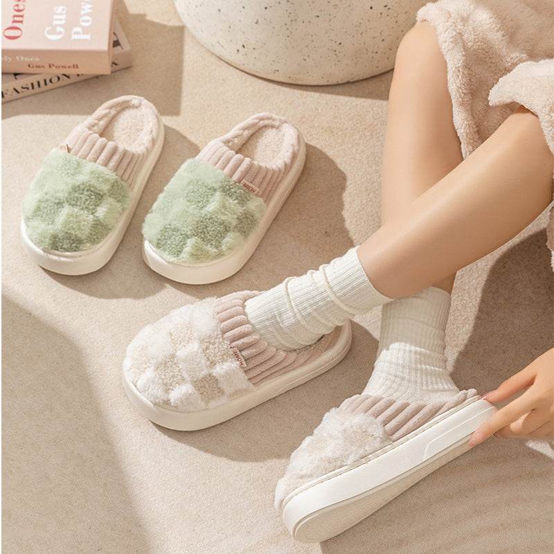 Plaid Plush Slippers Women's Indoor Plush Home Slippers Soft Sole Thick Non-Slip Warm House Shoes Couple Autumn And Winter - ProTrendyz