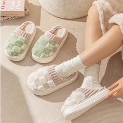 Plaid Plush Slippers Women's Indoor Plush Home Slippers Soft Sole Thick Non-Slip Warm House Shoes Couple Autumn And Winter - ProTrendyz
