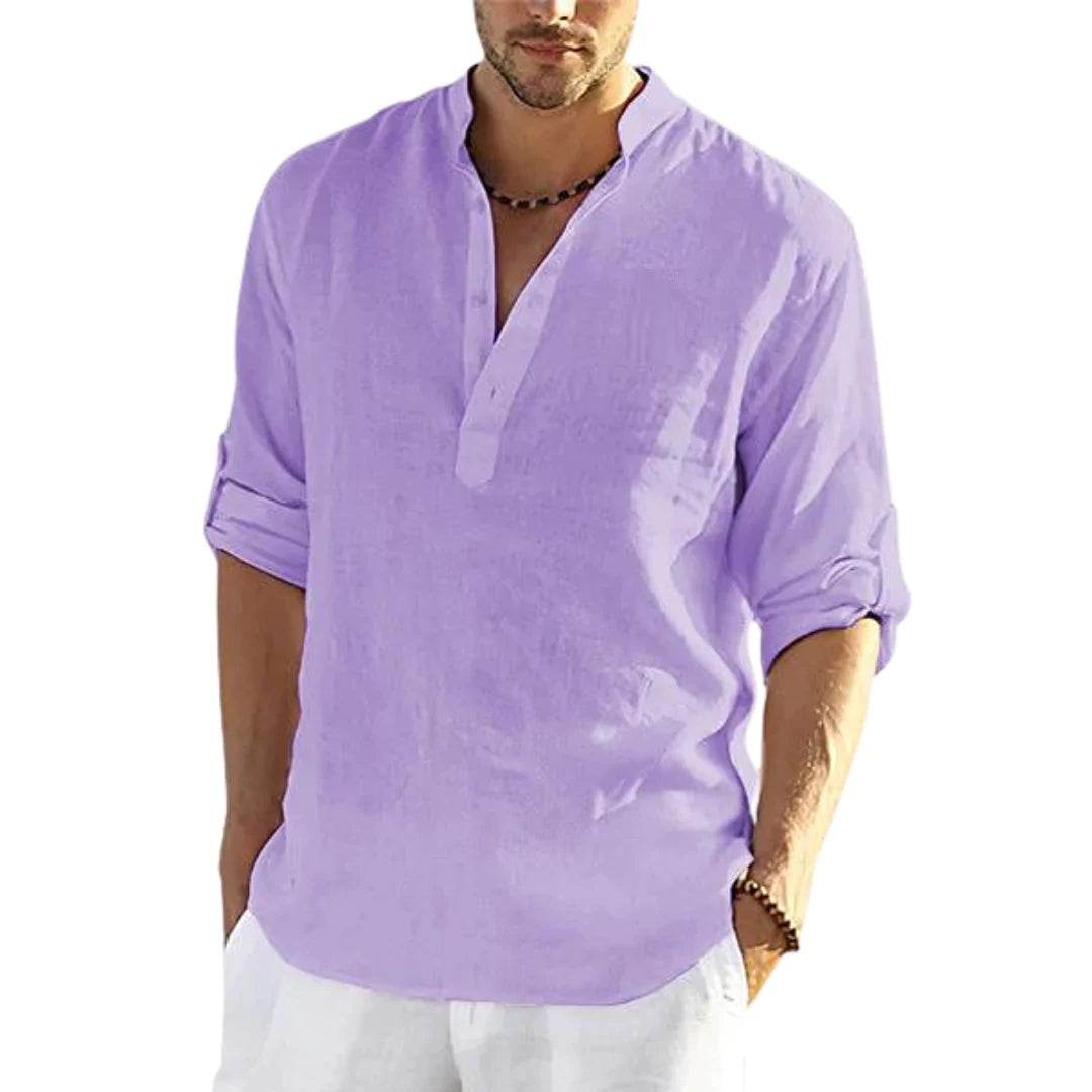 Men's Casual Cotton Linen Solid Color Long Sleeve Shirt Loose Stand Collar - ProTrendyz