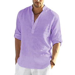 Men's Casual Cotton Linen Solid Color Long Sleeve Shirt Loose Stand Collar - ProTrendyz
