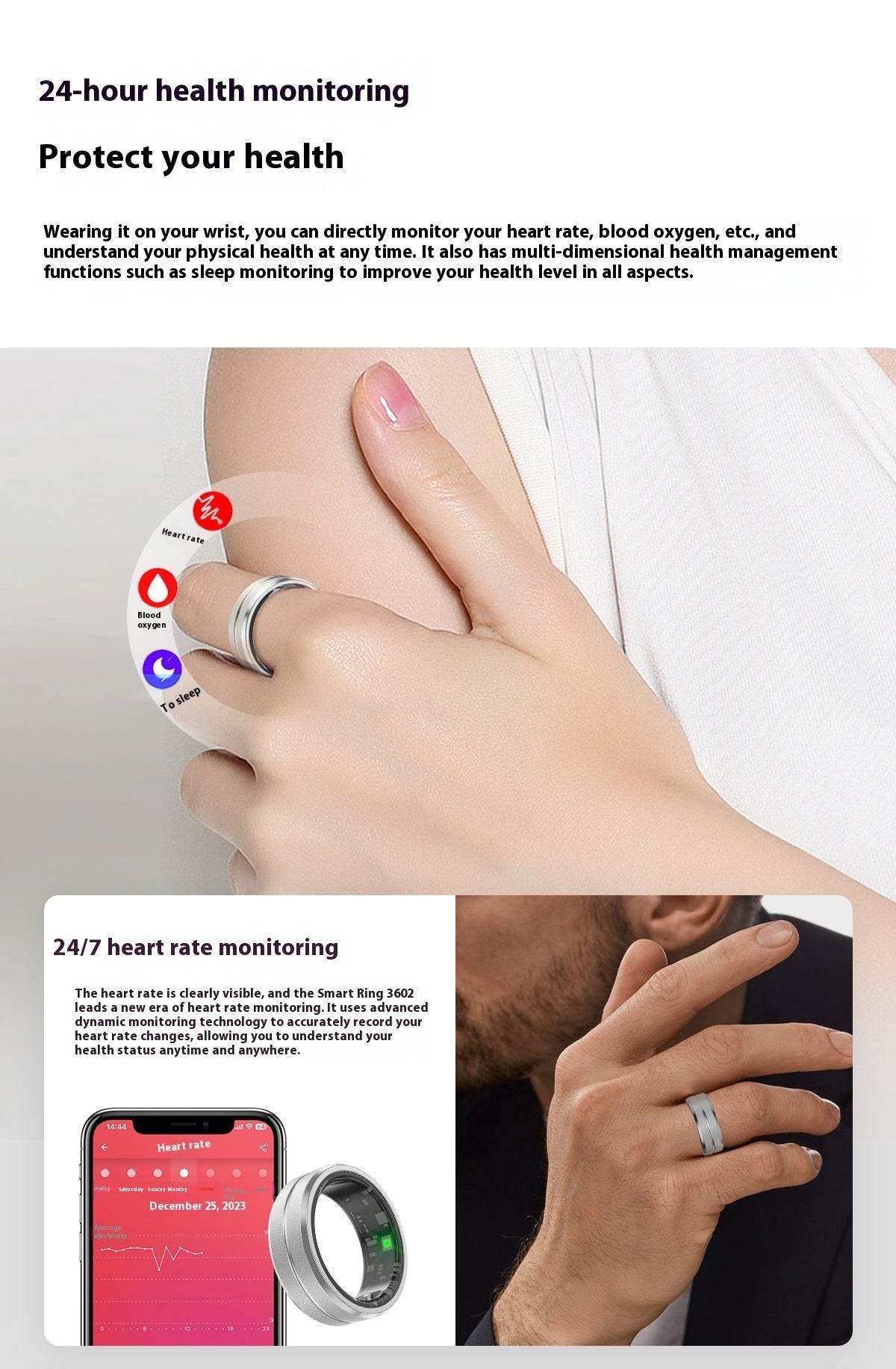 2024 Smart Ring For Men Women Heart Rate Blood Oxygen Monitoring Multi Sports Modes IP68 Waterproof Smart Rings For Android IOS - ProTrendyz