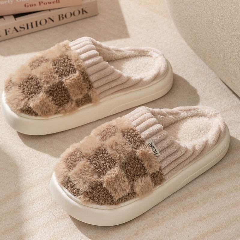 Plaid Plush Slippers Women's Indoor Plush Home Slippers Soft Sole Thick Non-Slip Warm House Shoes Couple Autumn And Winter - ProTrendyz