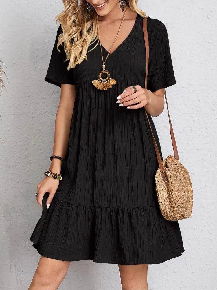 V-neck Short Sleeve Dress Summer Fashion Casual Loose Ruffled Dresses Beach Clothing Women - ProTrendyz