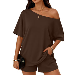 Womens 2-piece Fashionable Casual Set Slant-Neck Top And Shorts For Loungewear Daily Wear Work Gym Outfit