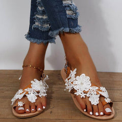 Lace Sandals Bohemia Beach Shoes Flowers Ankle Strap Flat Shoes Summer - ProTrendyz