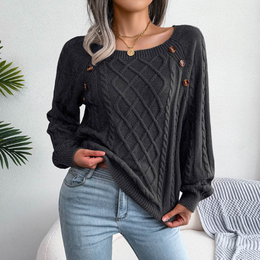 Square Neck Knitted Sweater With Button Design Winter Warm Long Sleeve Tops Women's Clothing - ProTrendyz