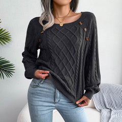 Square Neck Knitted Sweater With Button Design Winter Warm Long Sleeve Tops Women's Clothing - ProTrendyz