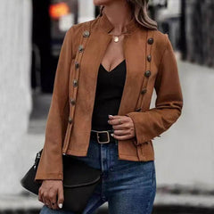 Solid Short Jacket Double Breasted Decorative Design Fashion Retro Suede Long Sleeve Outwear Tops Coat For Womens Clothing - ProTrendyz