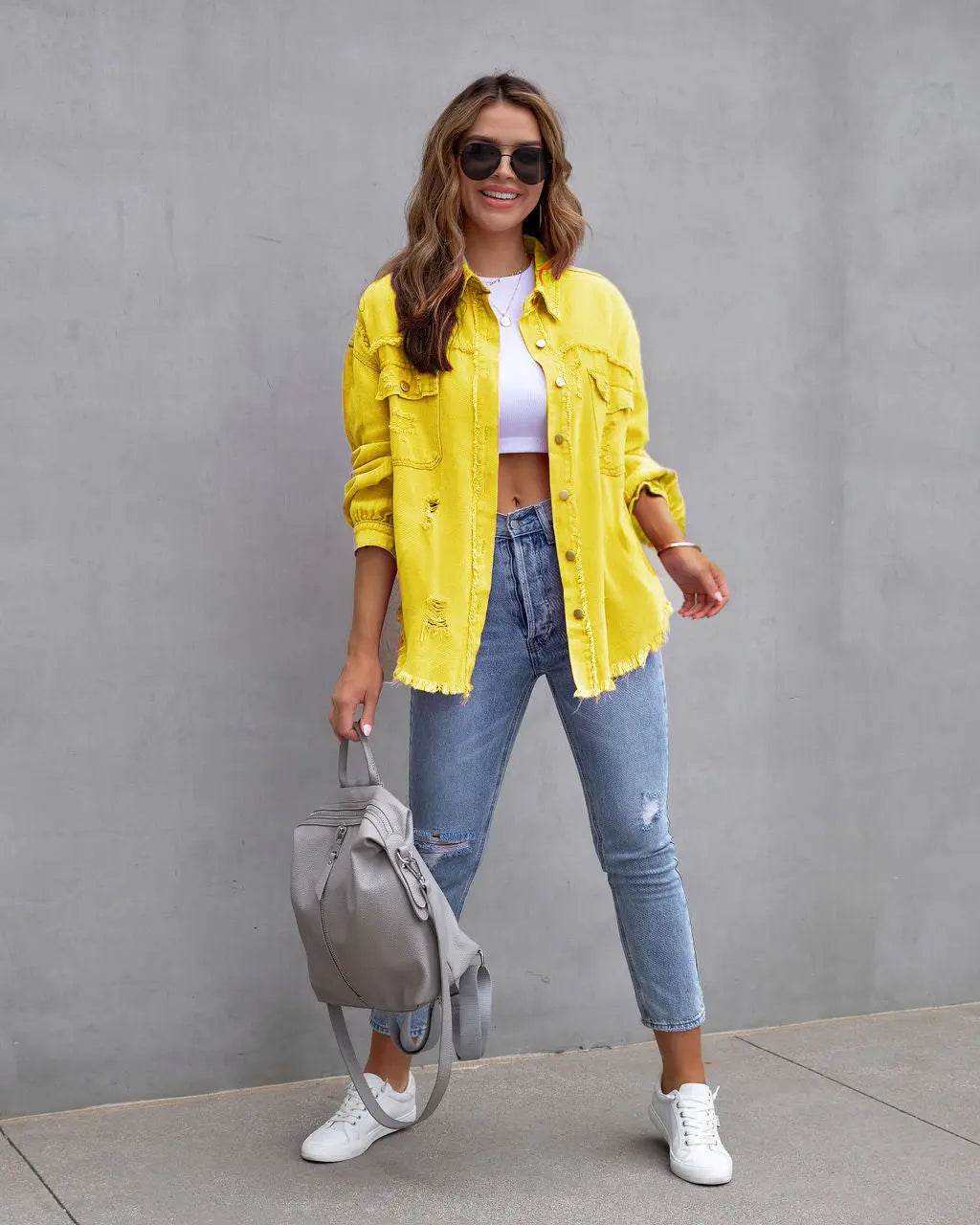 Fashion Ripped Shirt Jacket Female Autumn And Spring Casual Tops Womens Clothing - ProTrendyz