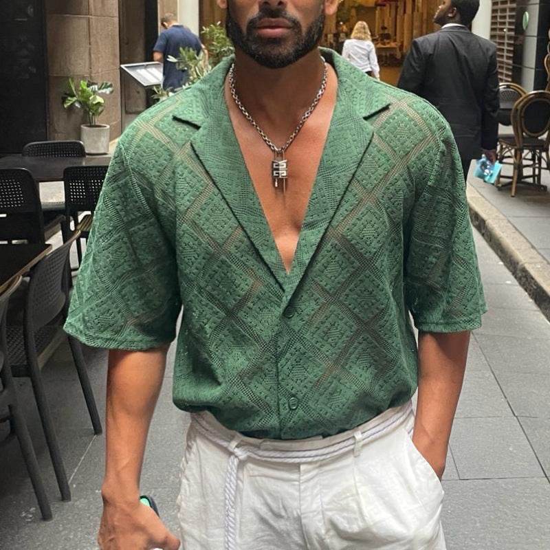 Fashion Mens Clothing Men's Hollow-out Breathable Short-sleeved Lapel Casual Shirt - ProTrendyz