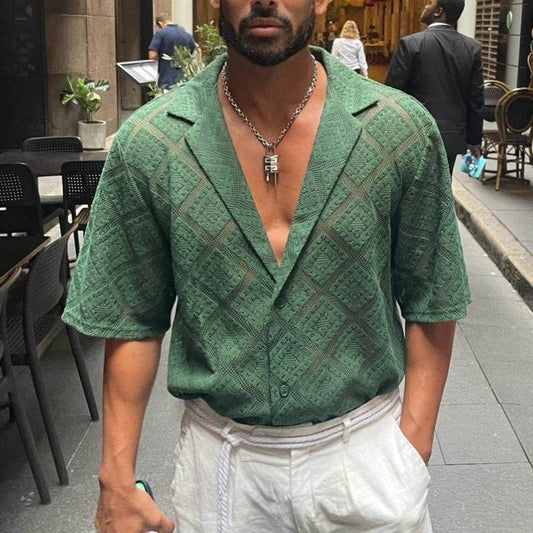 Fashion Mens Clothing Men's Hollow-out Breathable Short-sleeved Lapel Casual Shirt - ProTrendyz