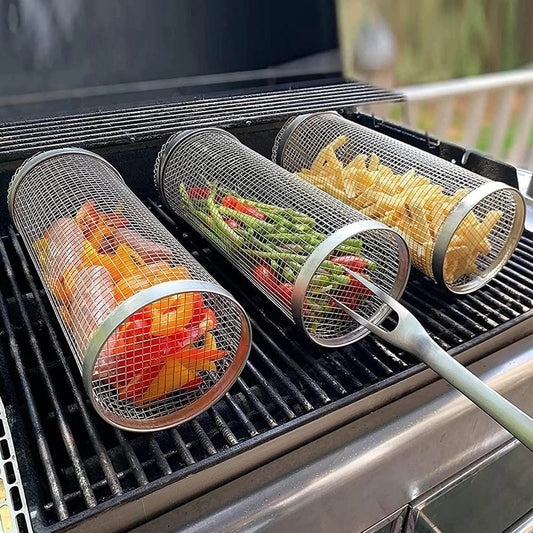 Rolling Grilling Basket Metal BBQ Barbecue Basket Net Portable Outdoor Camping Barbecue Rack Kitchen Gadgets - ProTrendyz