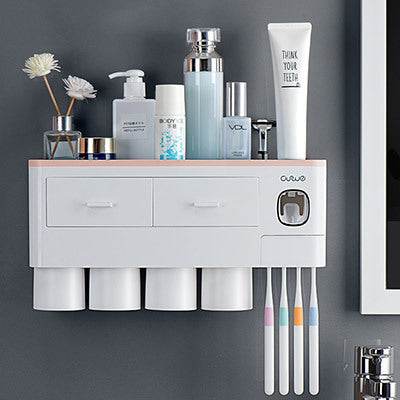 Non-marking Hanging Magnetic Toothbrush Holder Single Drawer Storage Rack With Toothpaste Squeezer Toiletry Set - ProTrendyz