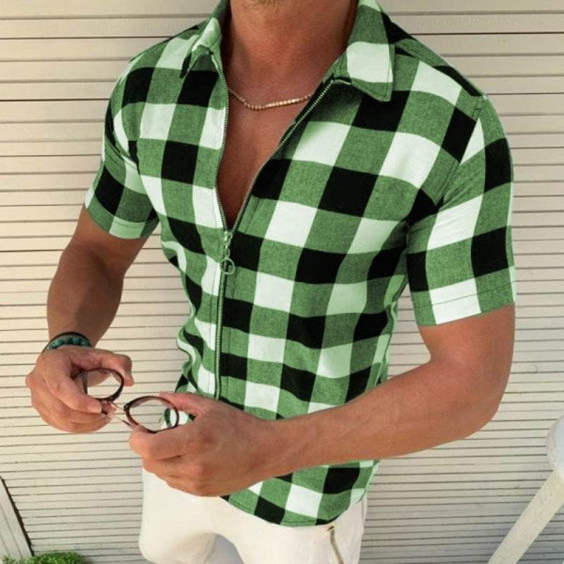 Plaid T Shirt Mens Zipper Short Sleeve Shirts Summer Men Clothing - ProTrendyz