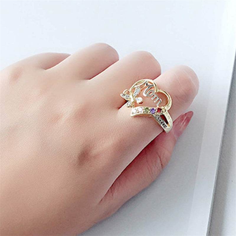 Mother's Day Gift Hollow Heart English Letter Love Mom Rhinestone Butterfly Finger Ring Jewelry Gift - ProTrendyz