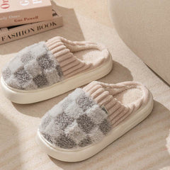 Plaid Plush Slippers Women's Indoor Plush Home Slippers Soft Sole Thick Non-Slip Warm House Shoes Couple Autumn And Winter - ProTrendyz
