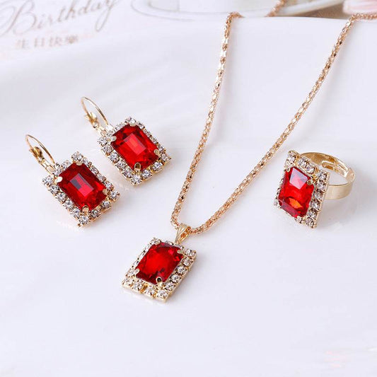 The Crystal Set Necklace Earring Ring Three-piece Set - ProTrendyz