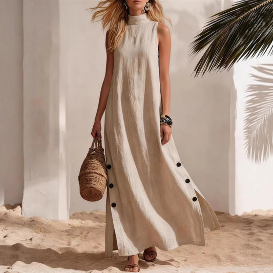 Casual Solid-Colored Cotton-Linen Sleeveless Mid-Length Dress With Side Slits