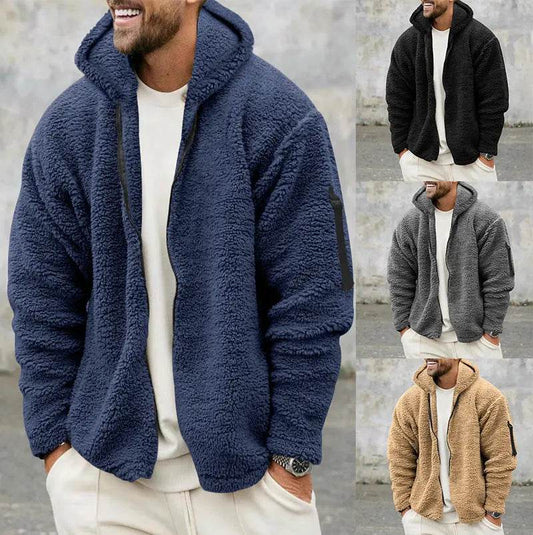 Plush Hooded Jacket Men's Autumn And Winter Fleece Double-sided Wear Warm Coat With Zipper Loose Casual Jacket Outdoor Clothing - ProTrendyz