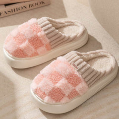 Plaid Plush Slippers Women's Indoor Plush Home Slippers Soft Sole Thick Non-Slip Warm House Shoes Couple Autumn And Winter - ProTrendyz