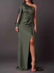 Women's Diagonal Shoulder Knot Split Solid Color Slim Fit Dress