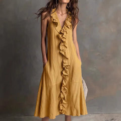 Solid-color Sleeveless Cotton-Linen V-Neck Maxi Dress With Ruffled Hem