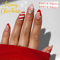 24pcs Christmas False Nails Hat Striped Snowflake Nail Art Stickers For Parties Dances Or Holiday Wear - ProTrendyz