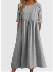Women's Fashion Casual Cotton Linen Short Sleeve Pocket Dress