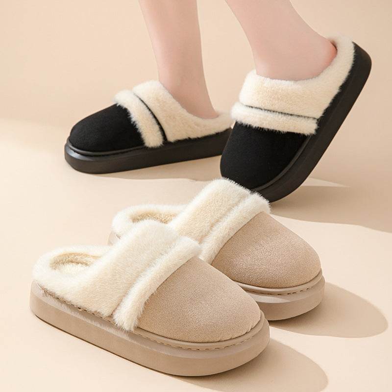 Fashion Warm Cotton Slippers For Women Leisure Thick Bottom Non-slip Plus-velvet House Shoes Winter Bedroom Floor Suede Slipper - ProTrendyz