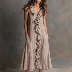Solid-color Sleeveless Cotton-Linen V-Neck Maxi Dress With Ruffled Hem
