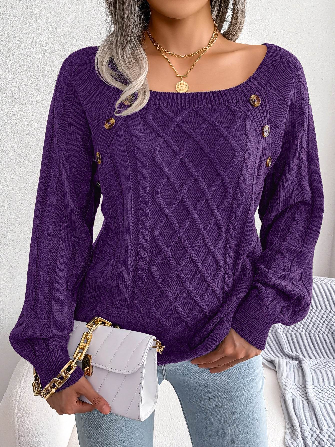 Square Neck Knitted Sweater With Button Design Winter Warm Long Sleeve Tops Women's Clothing - ProTrendyz