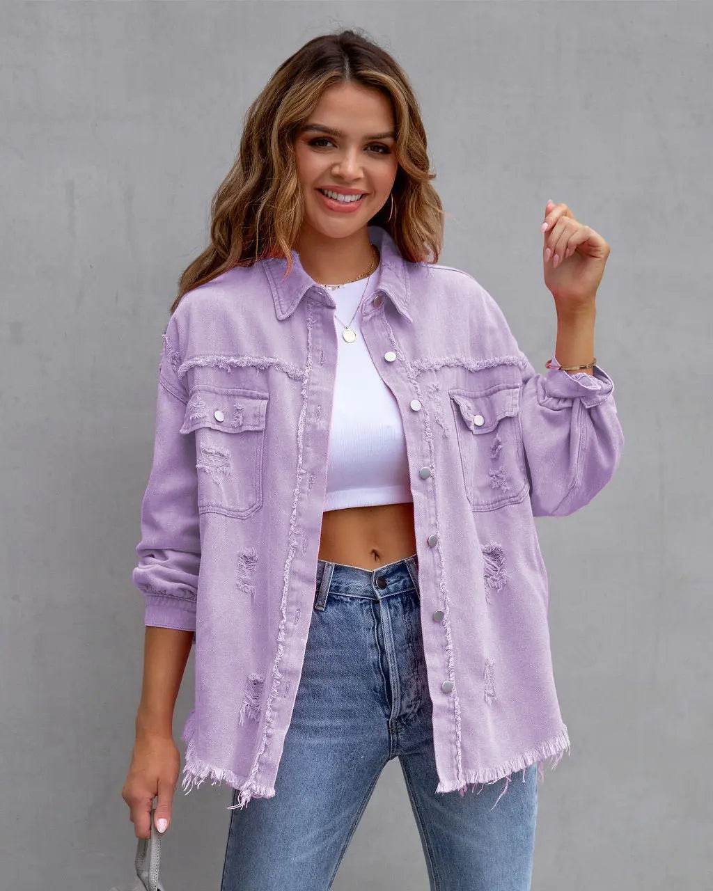 Fashion Ripped Shirt Jacket Female Autumn And Spring Casual Tops Womens Clothing - ProTrendyz